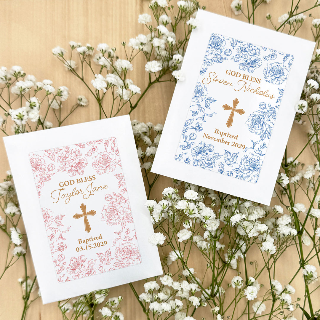 flower seed invitations Chinoiserie Toile, Baptism Favors, Wildflower Seed Packets – Best Day Ever Spot
