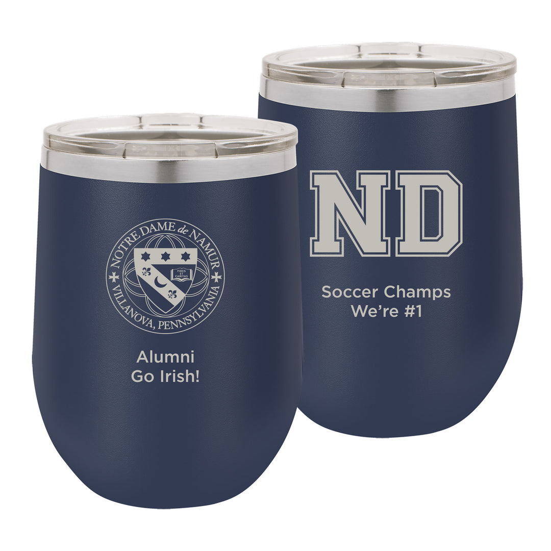 ND 12 oz. Personalized Navy Blue Stemless Insulated Tumbler with Clear Lid