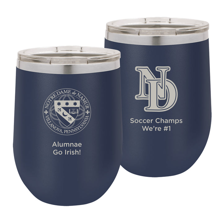 ND 12 oz. Personalized Navy Blue Stemless Insulated Tumbler with Clear Lid