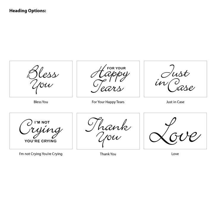 Personalized Wedding Guest Tissues, Happy Tears, White Floral with Gold Geometric Frame, Pocket Size Tissue Packs