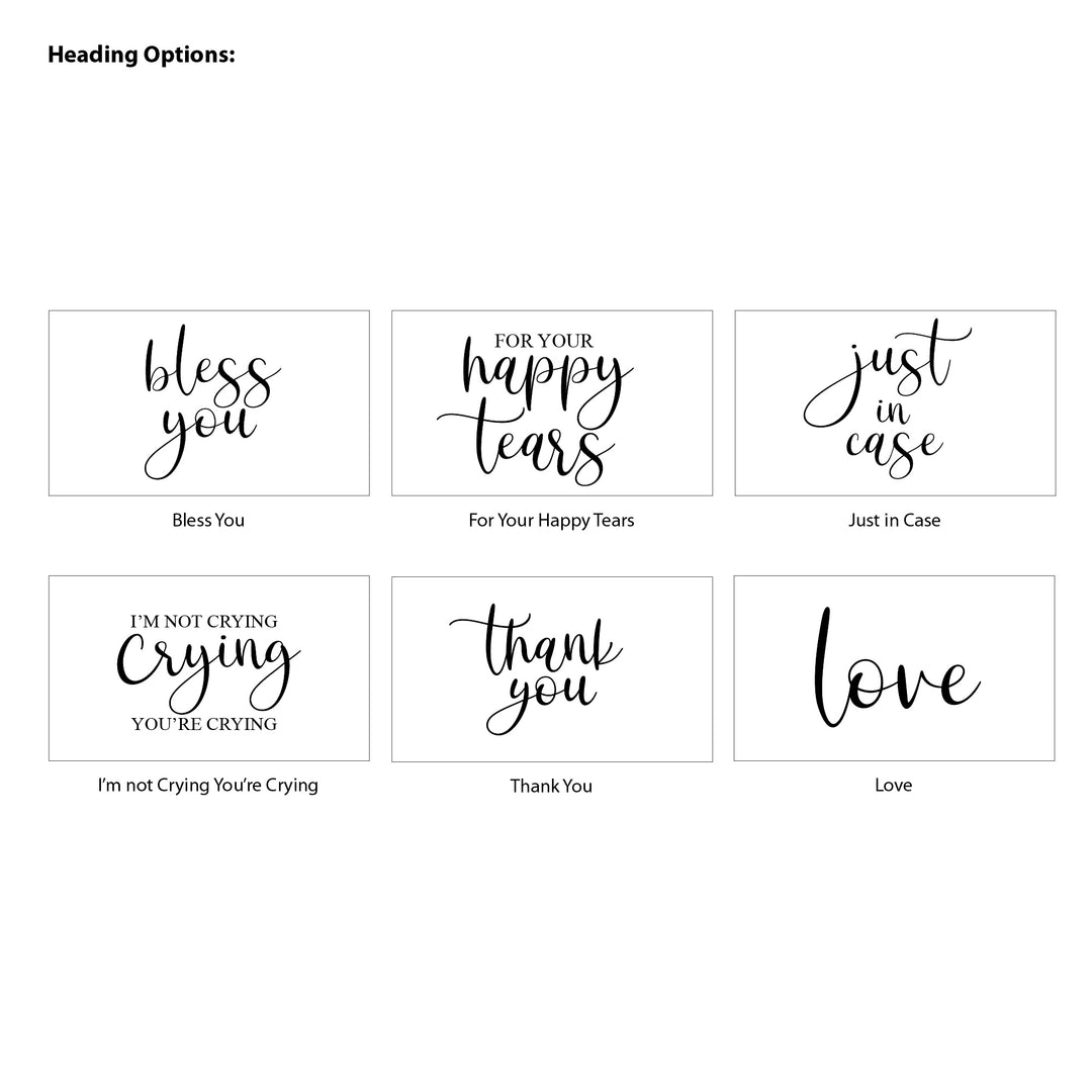 Personalized Wedding Guest Tissues, Happy Tears, Greenery Wreath, Pocket Size Tissue Packs