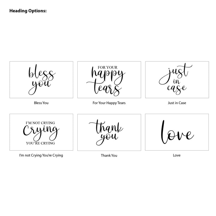 Personalized Wedding Guest Tissues, Happy Tears, Greenery Wreath, Pocket Size Tissue Packs