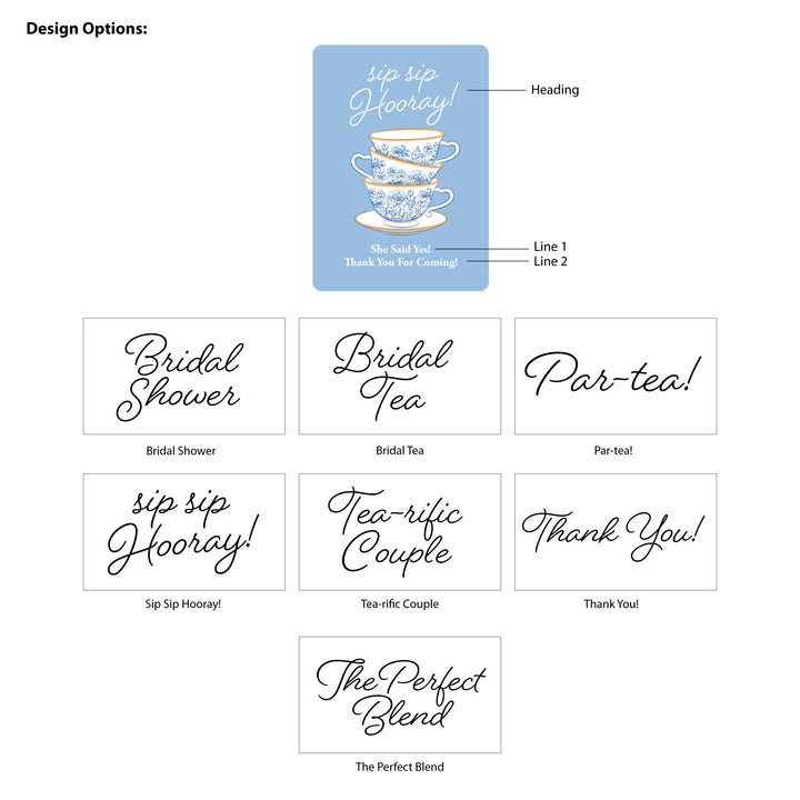 Bridal Shower Personalized Tea Bags, French Toile, Blue Chinoiserie Tea Cup Favors