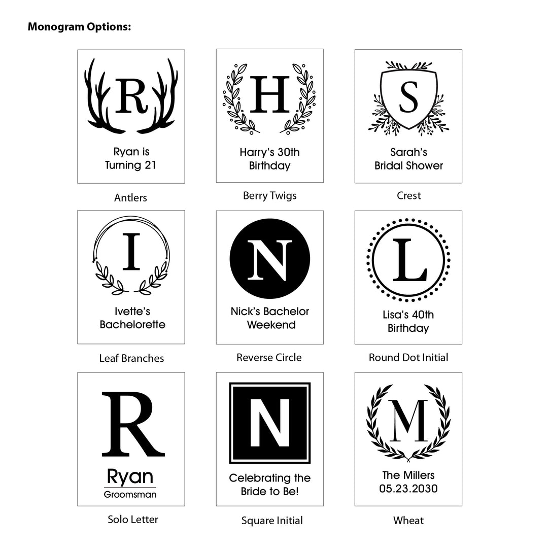 Custom Monogram Faux Leatherette Shot Glass: Personalized Wedding Gift, Bachelor Party Gift, 21st Birthday Favors