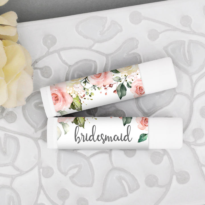 Personalized Lip Balm, Bridesmaid Favors, Pink and White Roses