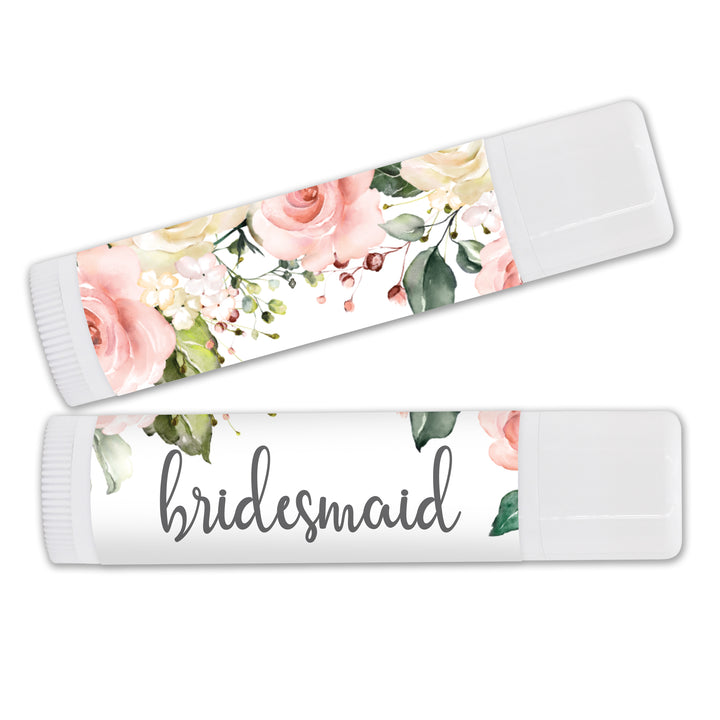 Personalized Lip Balm, Bridesmaid Favors, Pink and White Roses