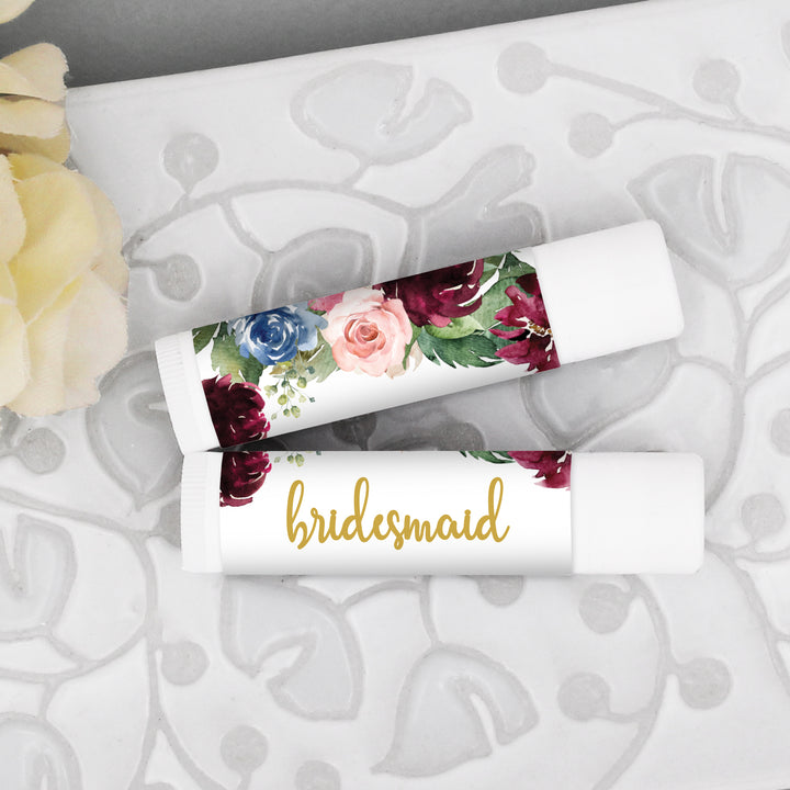 Personalized Lip Balm, Bridesmaid Favors, Burgundy Floral