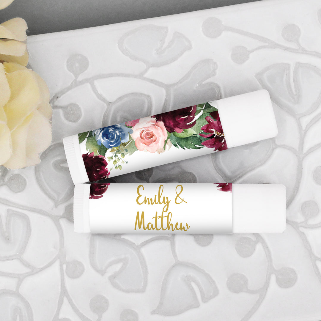 Personalized Lip Balm, Bridal Shower Favors, Burgundy Floral