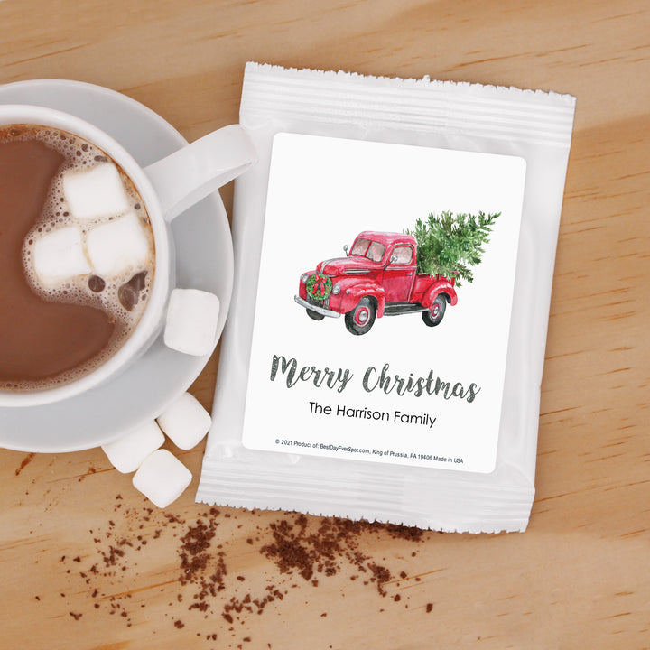 Christmas Hot Chocolate, Personalized Cocoa Favors, Red Pick Up Truck