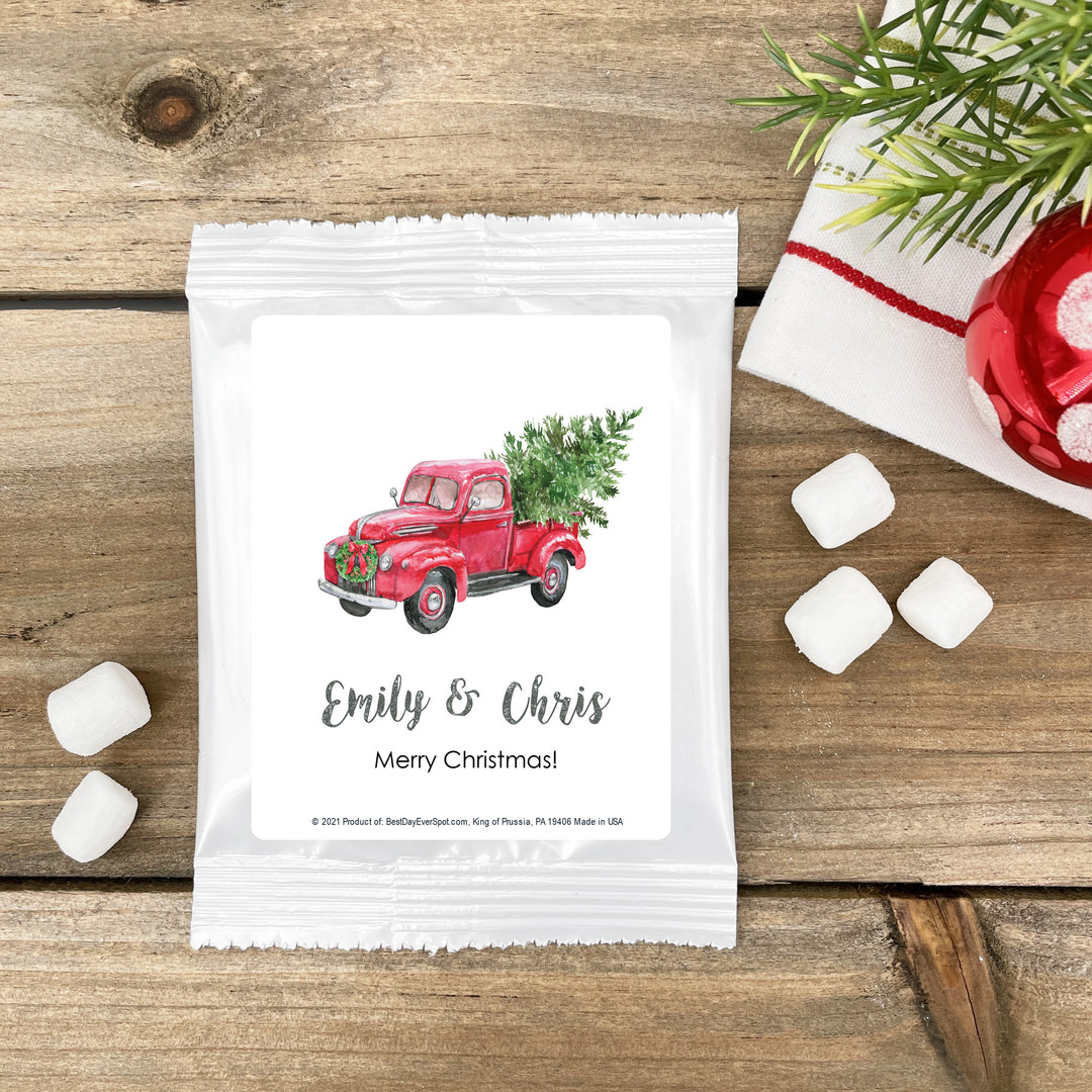 Christmas Hot Chocolate, Personalized Cocoa Favors, Red Pick Up Truck