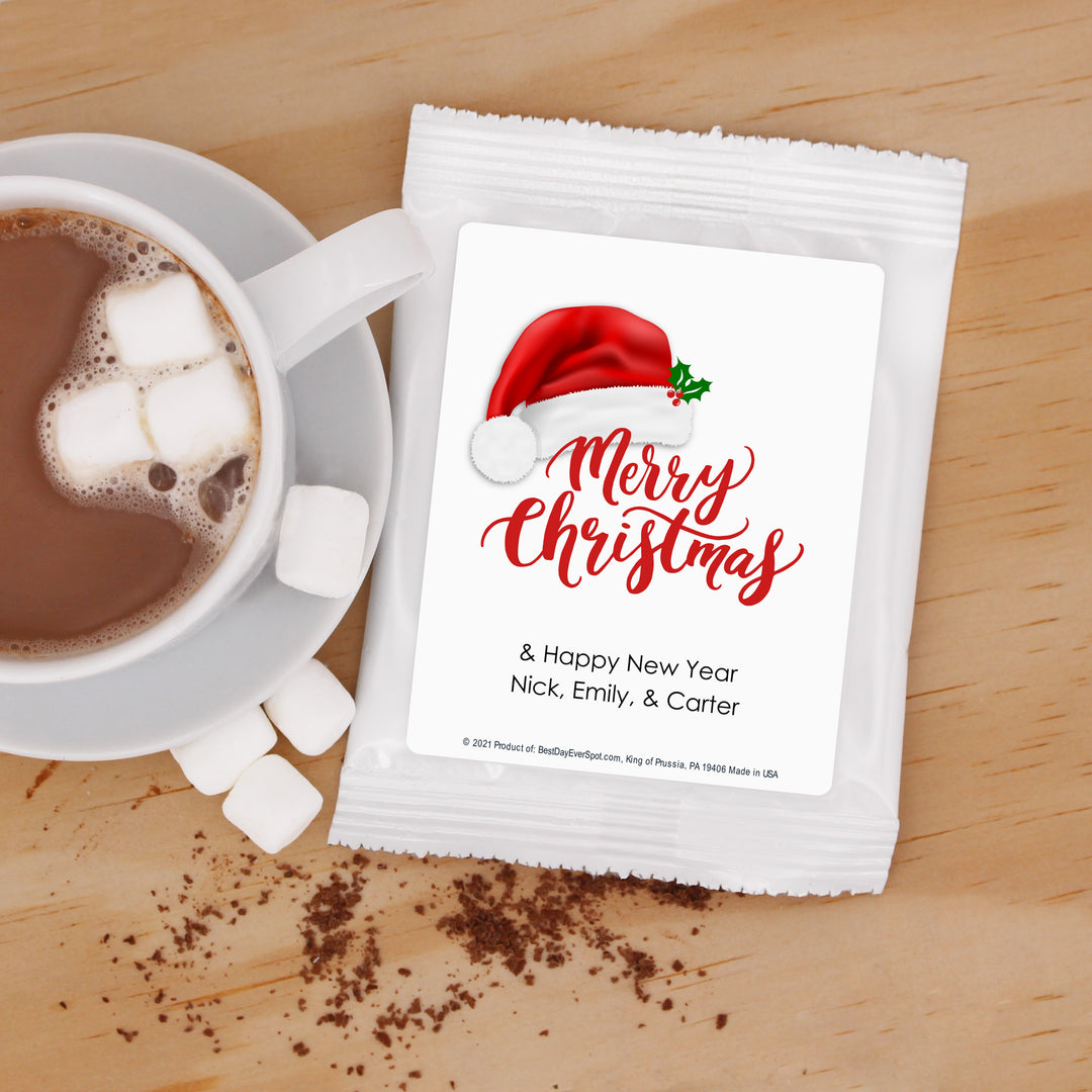 Merry Christmas with Santa Hat Hot Chocolate, Personalized Cocoa Favors & Gifts