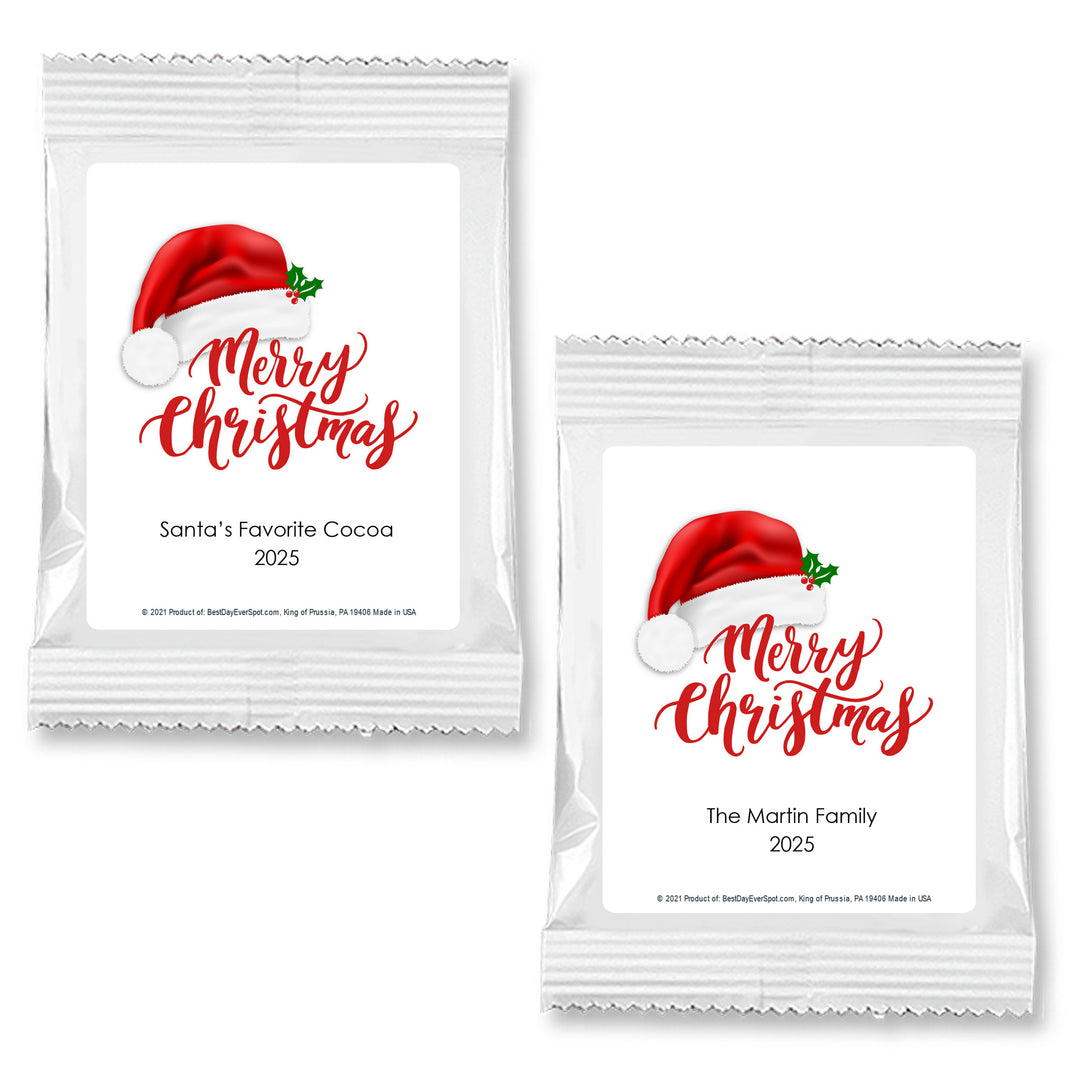 Merry Christmas with Santa Hat Hot Chocolate, Personalized Cocoa Favors & Gifts