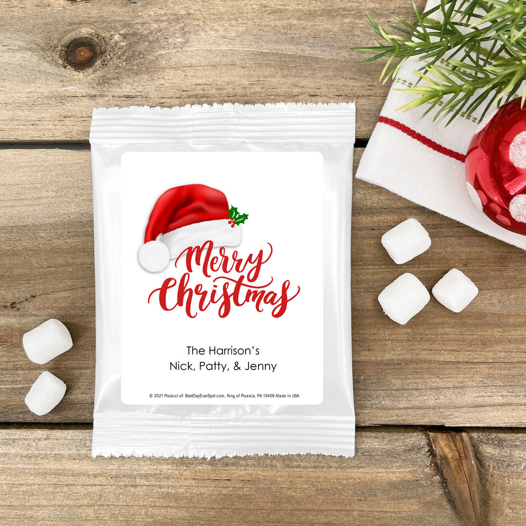 Merry Christmas with Santa Hat Hot Chocolate, Personalized Cocoa Favors & Gifts