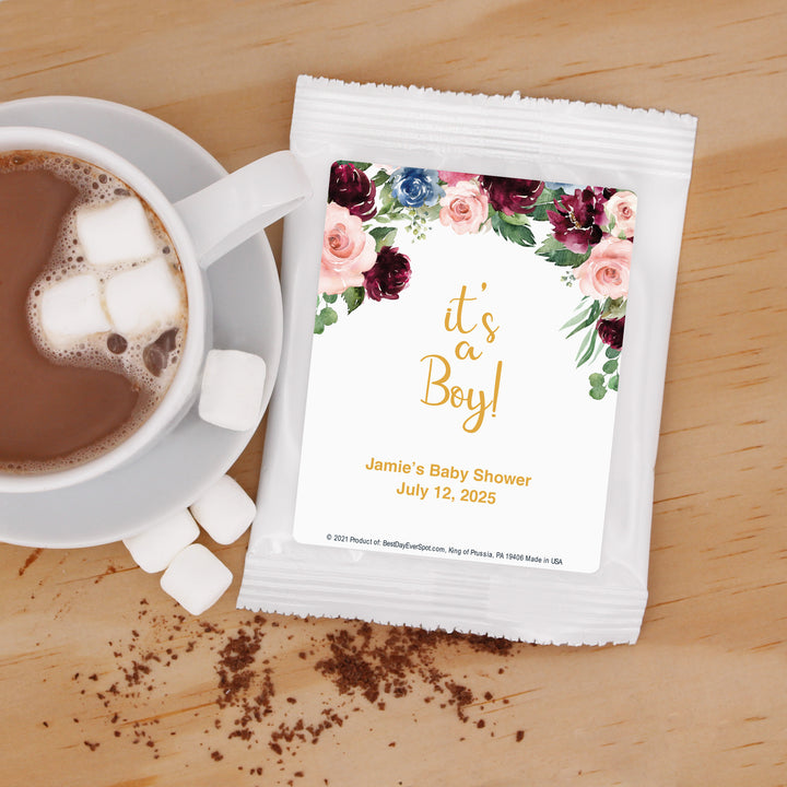 Personalized Hot Chocolate Baby Shower Favors, Burgundy Rose Baby Shower Cocoa Favor