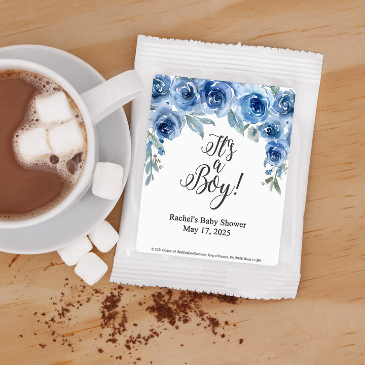 Personalized Hot Chocolate Baby Shower Favors, Blue Floral Baby Shower Cocoa Favor