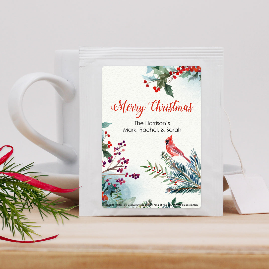 Personalized Christmas Tea Favors & Gifts, Red Cardinal Traditional Christmas Tea Party