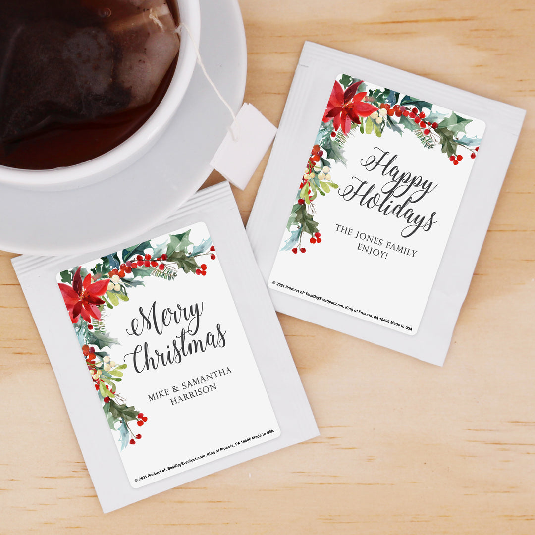 Personalized Christmas Tea Favors, Poinsettia Traditional Christmas Tea Party