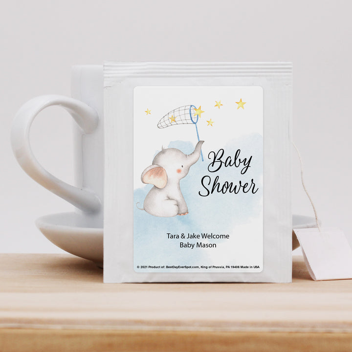 Baby Shower Personalized Tea Bags, Baby Boy Elephant