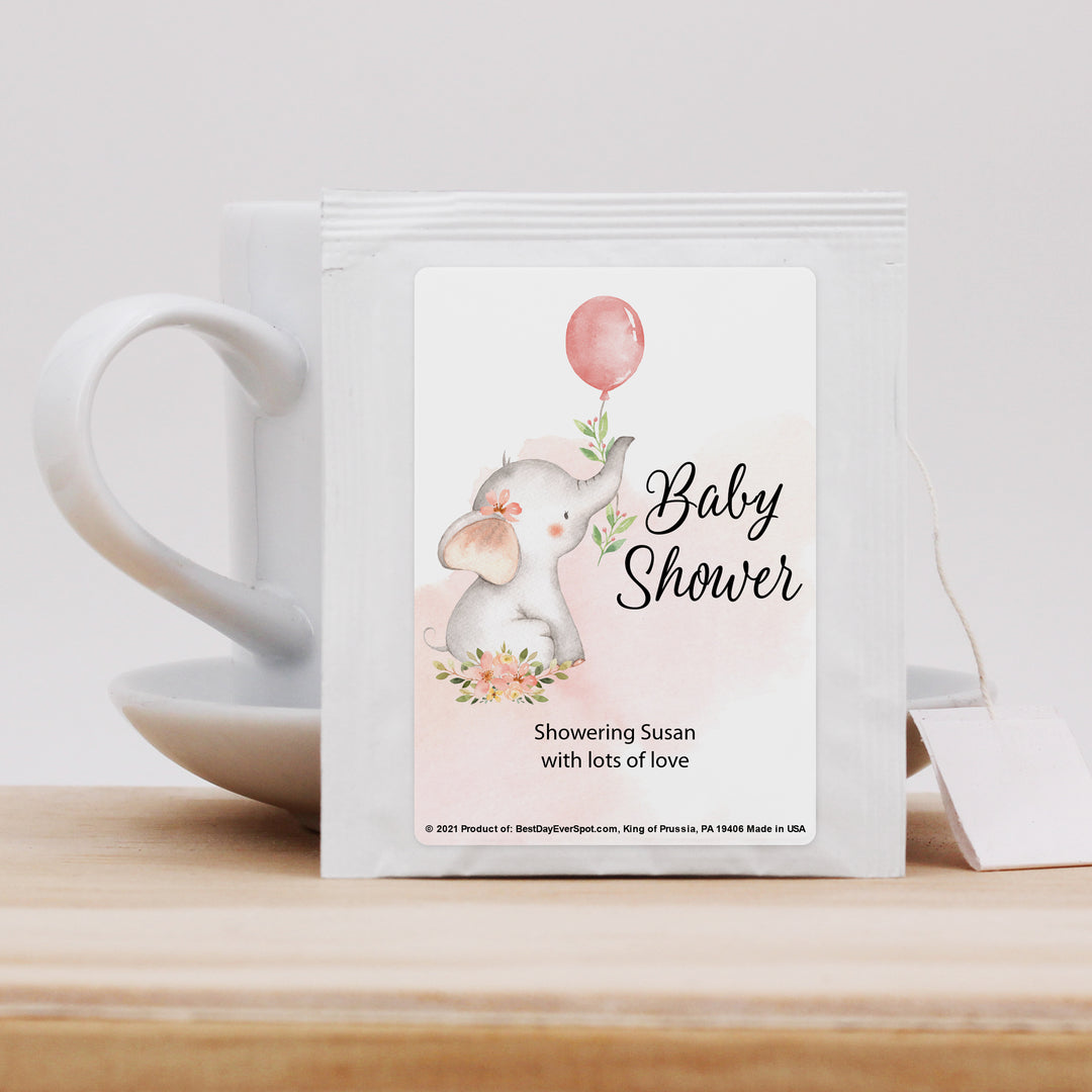 Baby Shower Personalized Tea Bags, Baby Girl Elephant