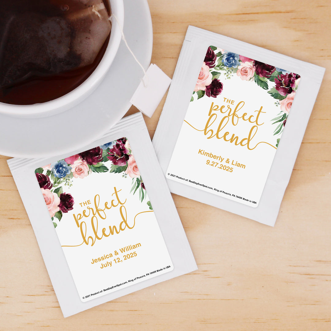 Bridal Shower Personalized Tea Bags, Burgundy Floral