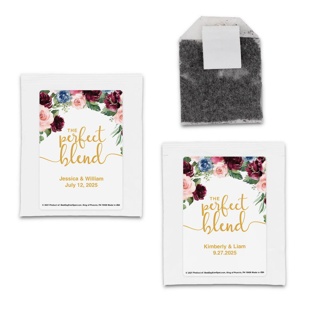 Bridal Shower Personalized Tea Bags, Burgundy Floral