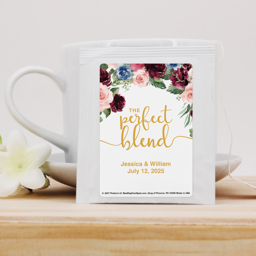 Bridal Shower Personalized Tea Bags, Burgundy Floral