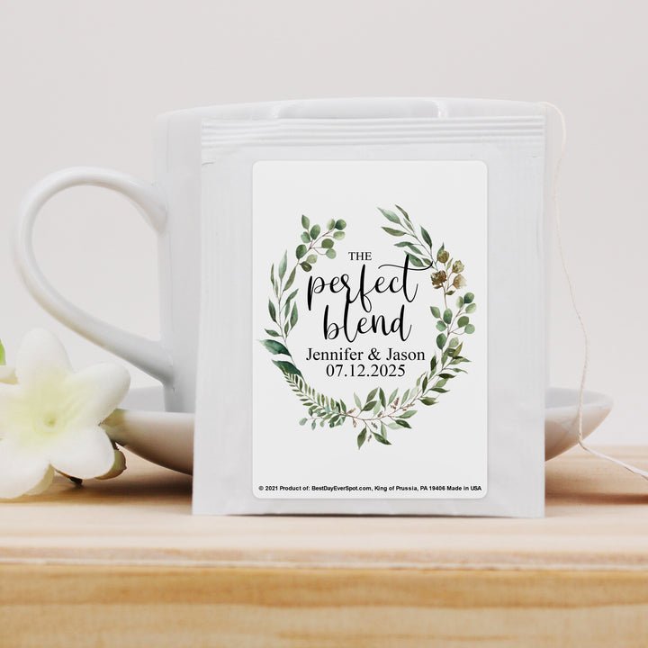 Bridal Shower Personalized Tea Bags, Green Wreath