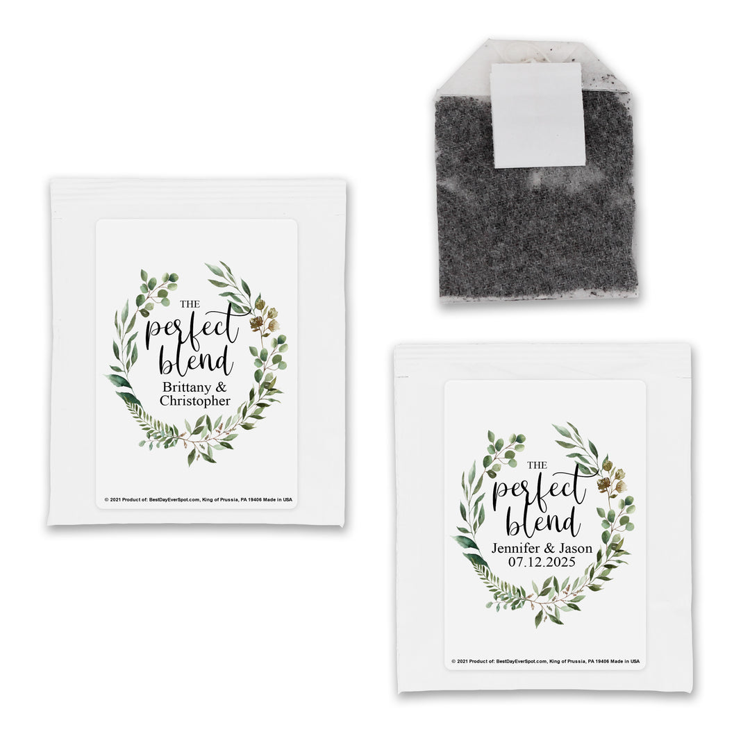 Bridal Shower Personalized Tea Bags, Green Wreath