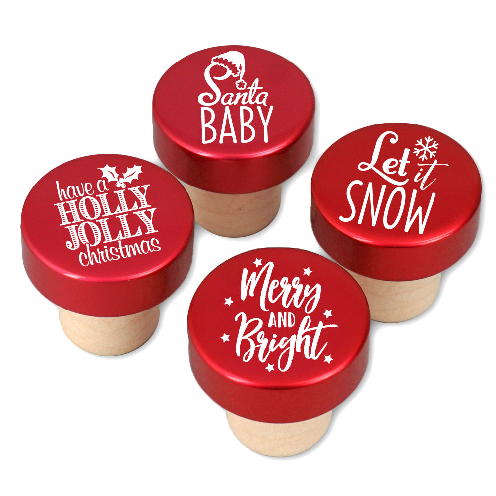 Wine Stoppers, Christmas Holiday Sayings Bottle Stoppers, Red - Set of 4