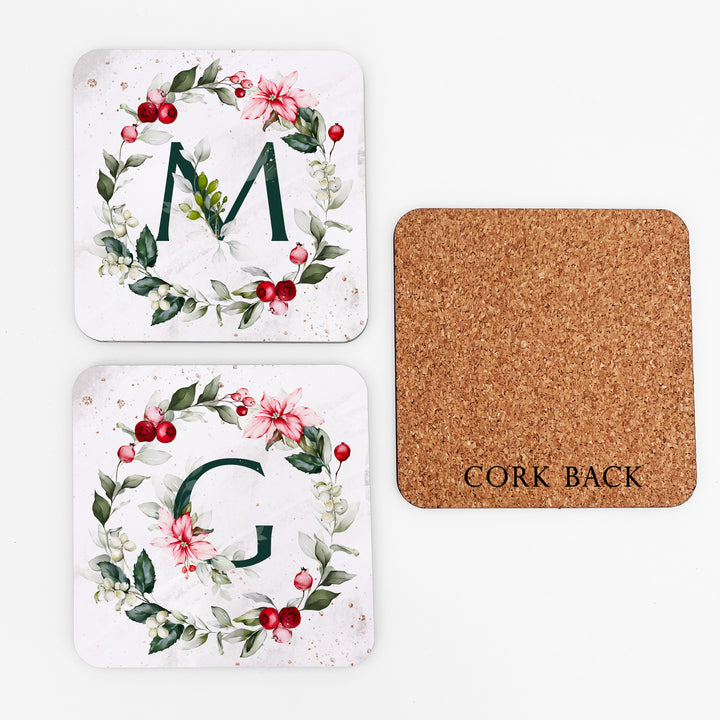Initial Christmas Coasters, Personalized Poinsettia & Berry Coaster