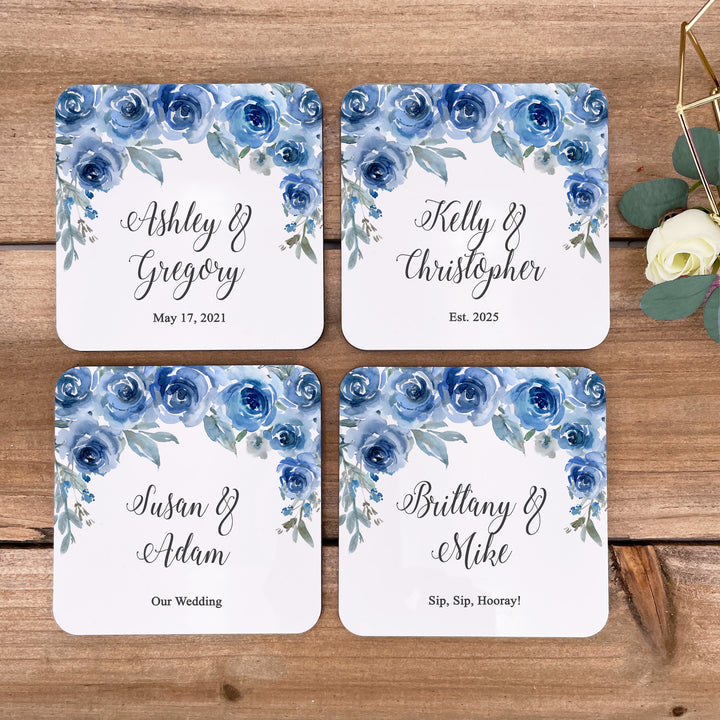 Personalized Wedding Coasters, Blue Floral Wedding