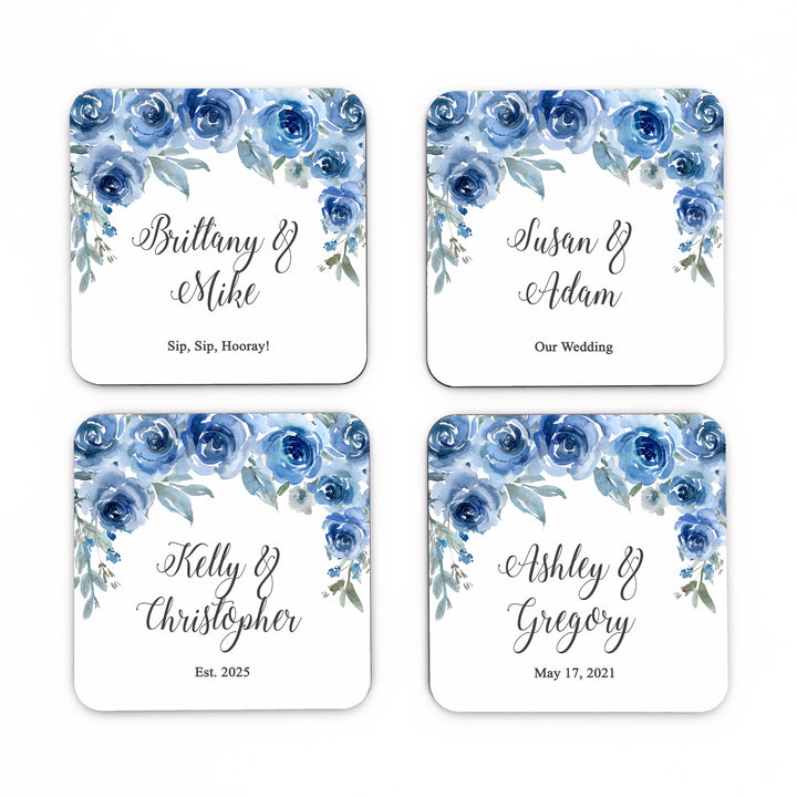 Personalized Wedding Coasters, Blue Floral Wedding