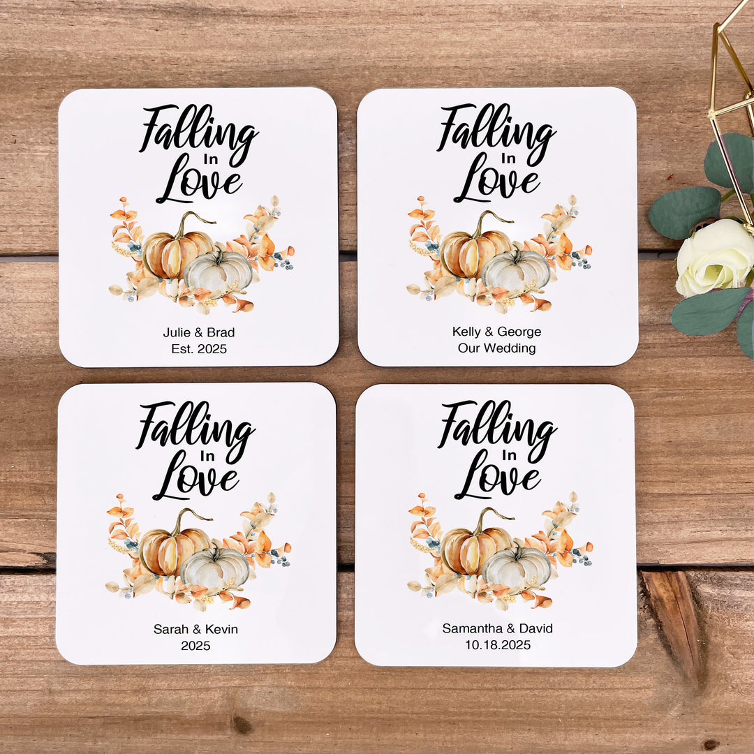 Falling in Love Wedding Coasters, Personalized Wedding Favors, Pumpkin