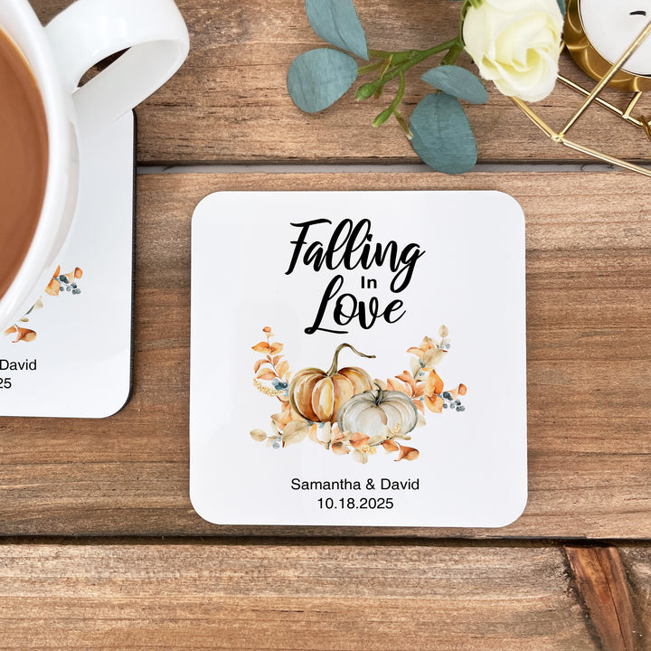 Falling in Love Wedding Coasters, Personalized Wedding Favors, Pumpkin