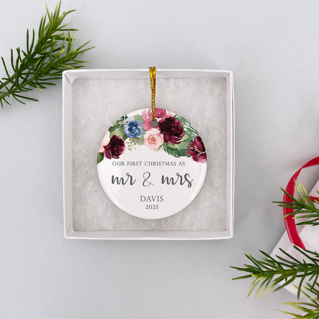 First Married Christmas Ornament, Mr. & Mrs., Burgundy Floral