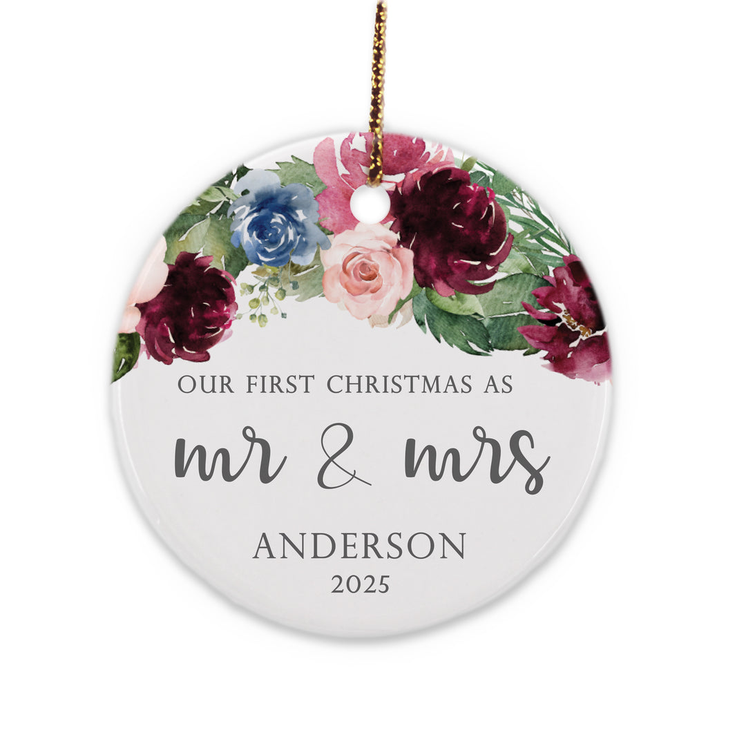 First Married Christmas Ornament, Mr. & Mrs., Burgundy Floral