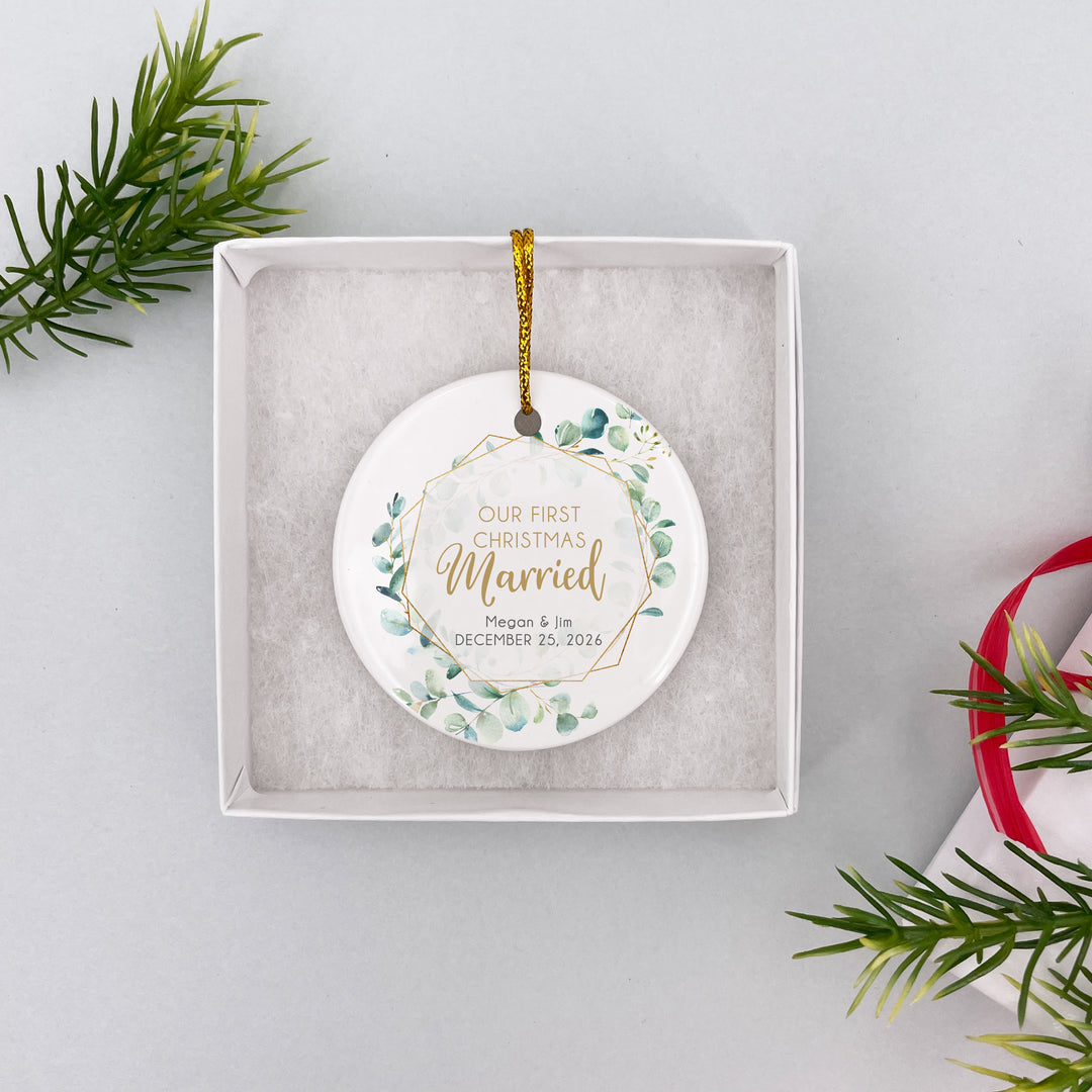 Our First Christmas Married Eucalyptus Ornament, Keepsake Ornament