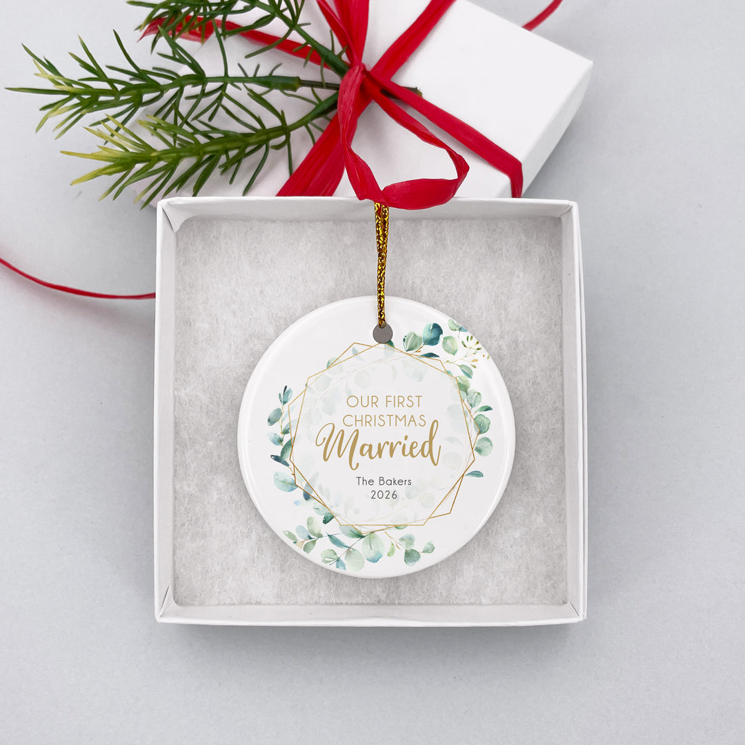 Our First Christmas Married Eucalyptus Ornament, Keepsake Ornament