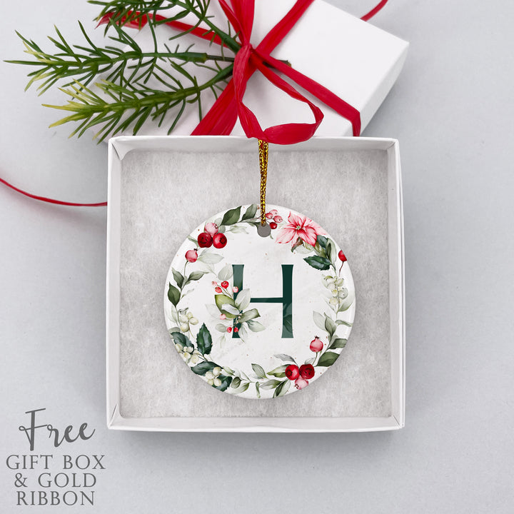 Christmas Initial Ornament, Personalized Poinsettia & Berry Floral Ornament