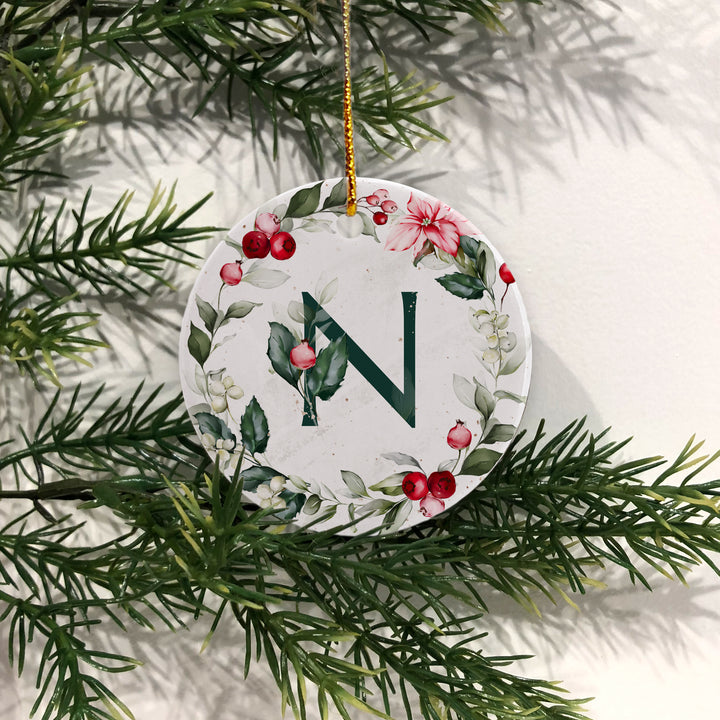 Christmas Initial Ornament, Personalized Poinsettia & Berry Floral Ornament