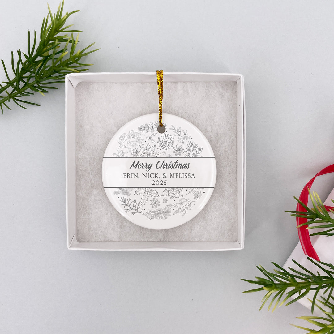 Holiday Floral Personalized Christmas Ornament, Grey