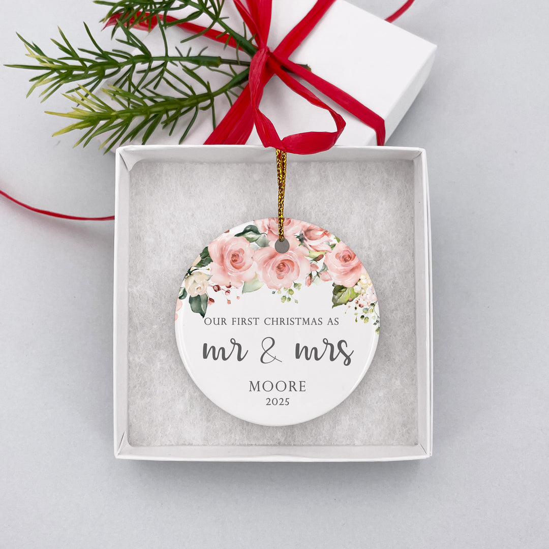 First Married Christmas Ornament, Mr. & Mrs., Pink and White Floral