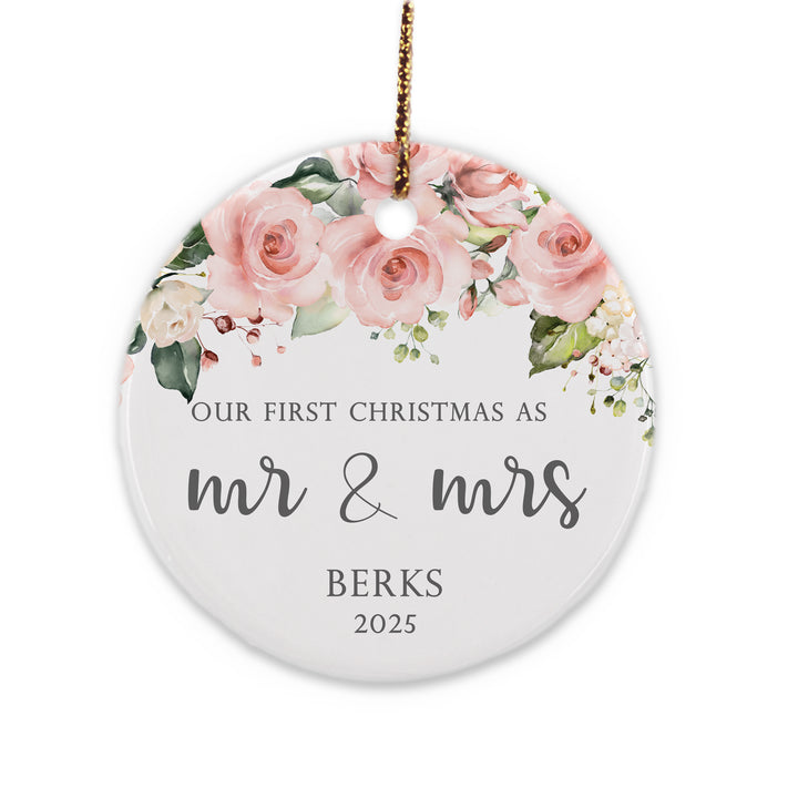 First Married Christmas Ornament, Mr. & Mrs., Pink and White Floral