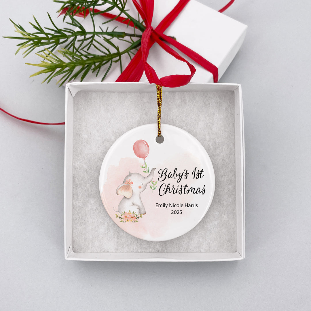 Pink Baby Elephant Christmas Ornament, Baby's First Christmas