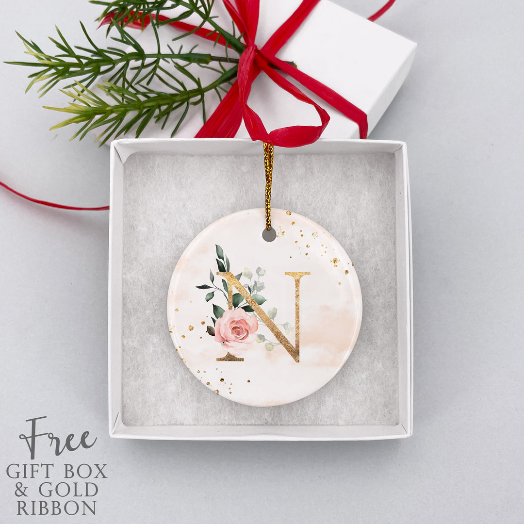 Initial Ornament, Personalized Gold & Pink Floral Ornament