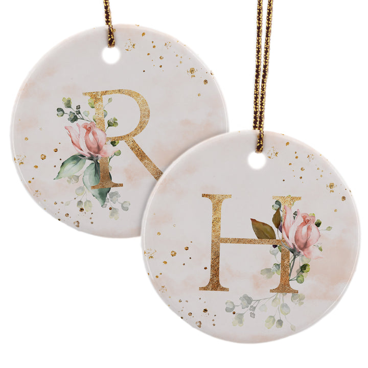 Initial Ornament, Personalized Gold & Pink Floral Ornament