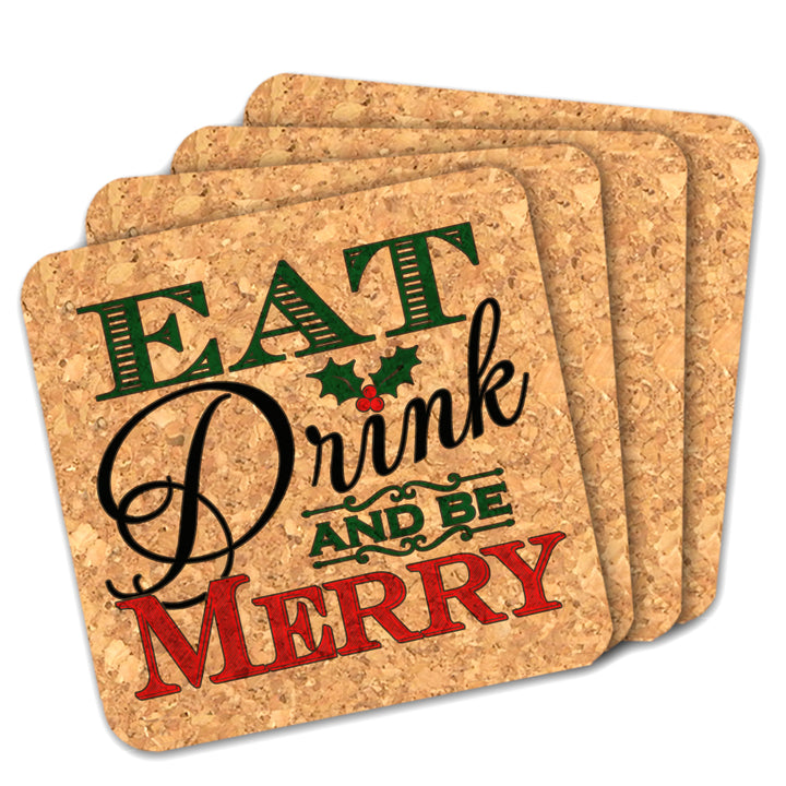 Eat Drink Be Merry Square Cork Coasters - Set of 4
