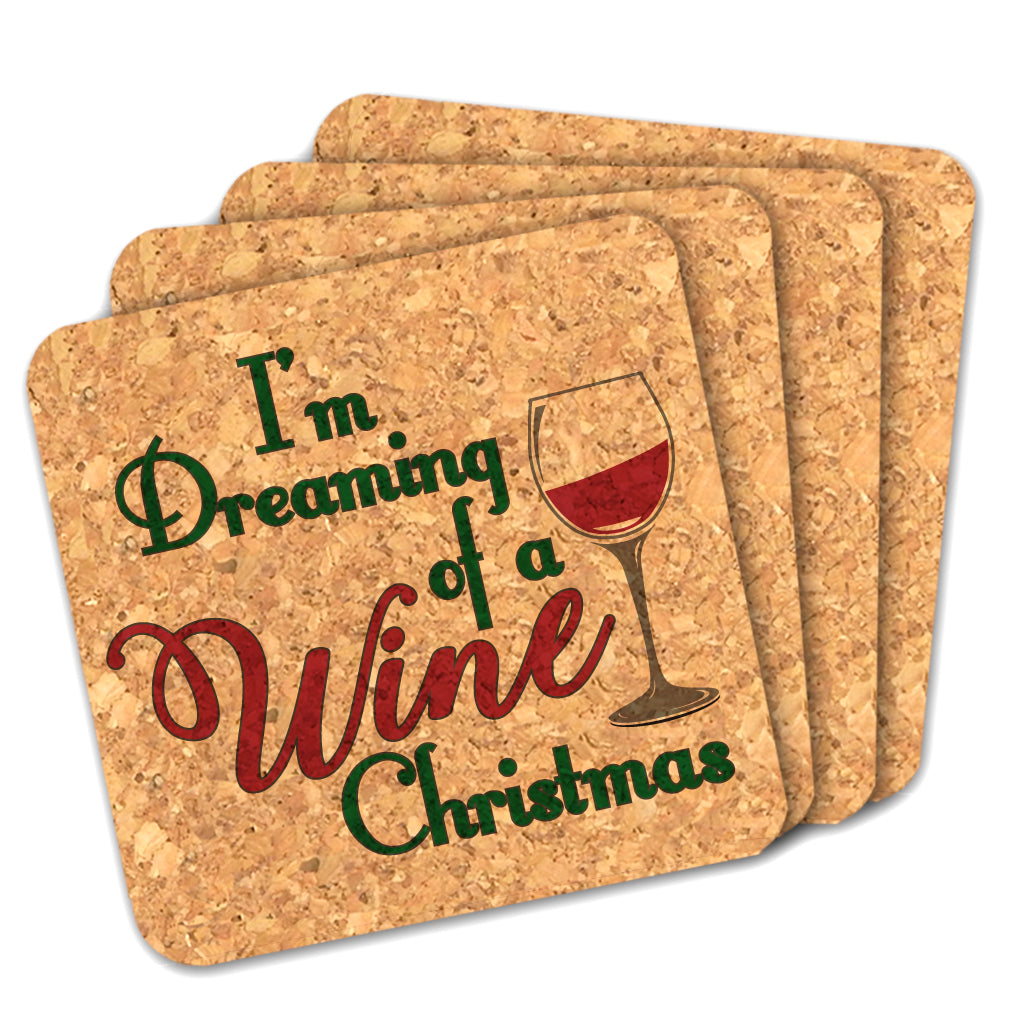 Wine Lover's Christmas Square Cork Coasters - Set of 4