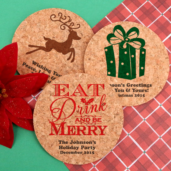 Holiday Cork Coasters, Personalized Round Cork Coaster, Cork Coaster Gifts