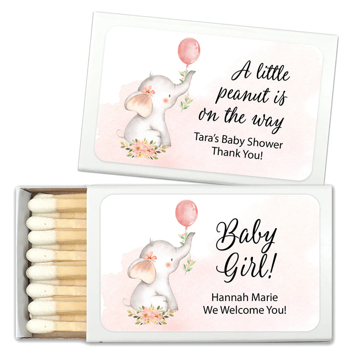 Baby Shower Favor Matches, Baby Girl Elephant (Set of 50)
